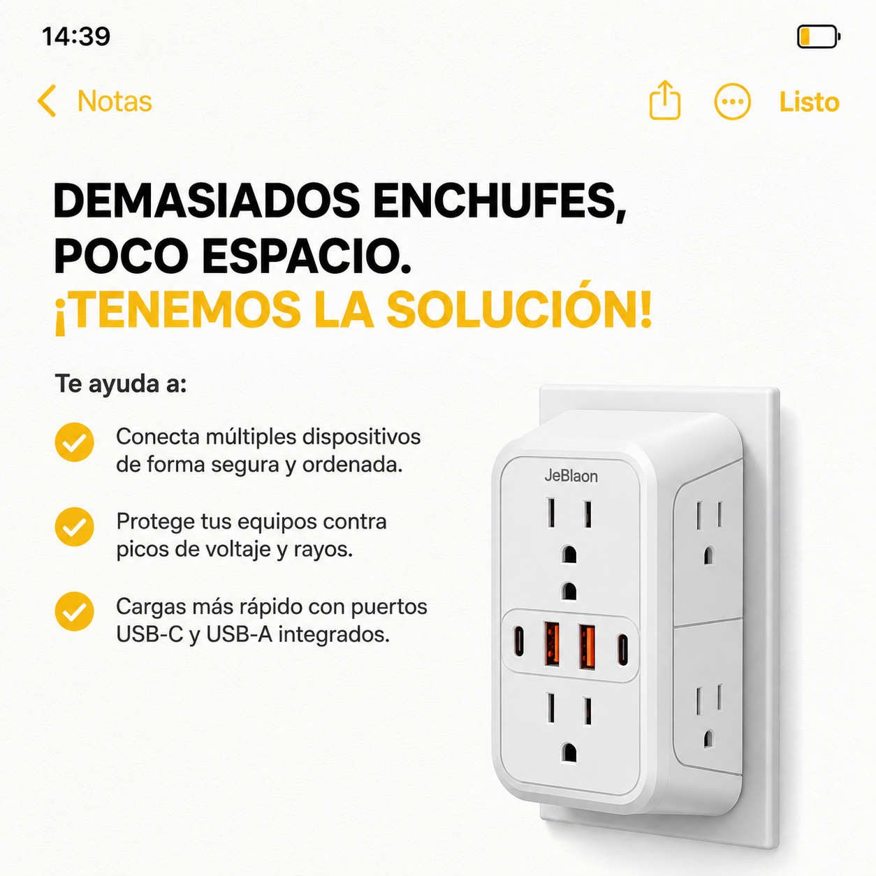 ConnectAll® Extensor De Corriente Con 6 Salidas Y 4 Puertos Usb