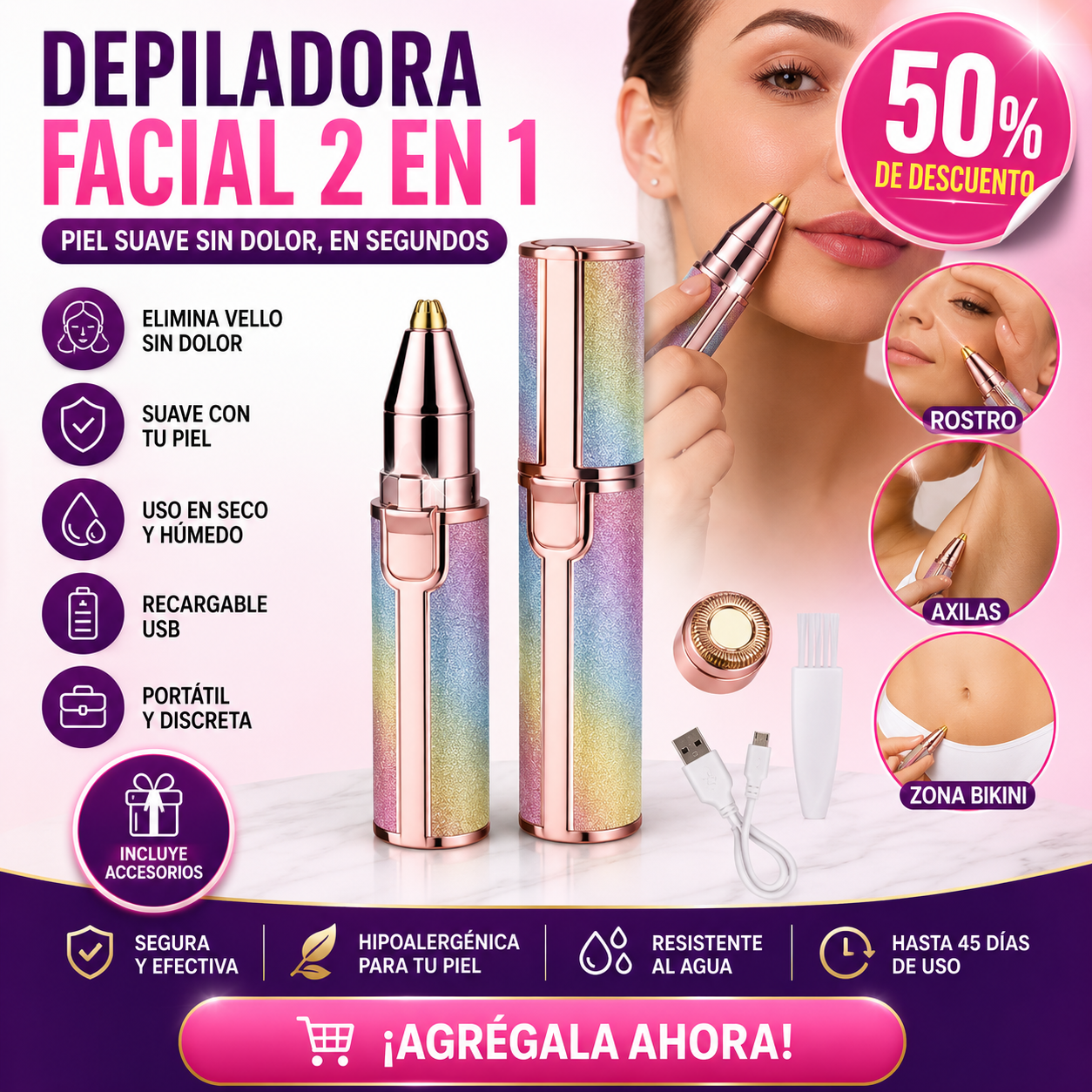 Depilador Facial 2 en 1 Recargable 18K