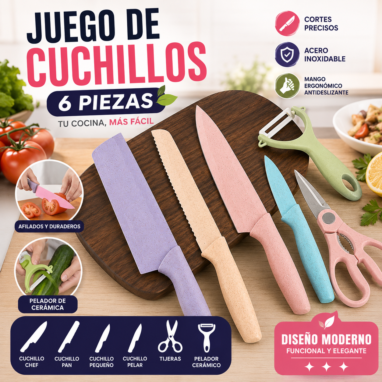 Juego Set Cuchillos de colores 6pc